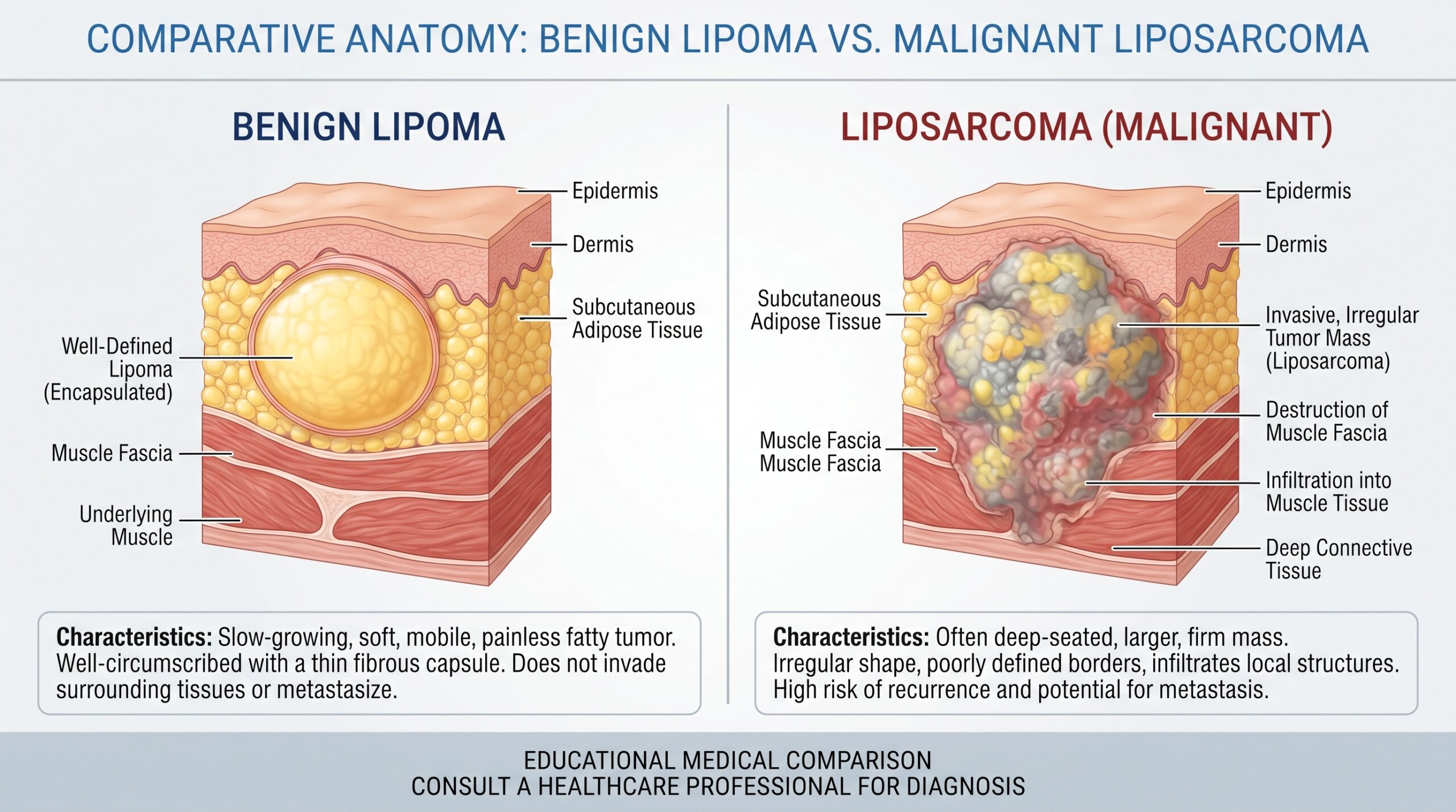 sarcoma or lipoma comparison showing key differences. 
