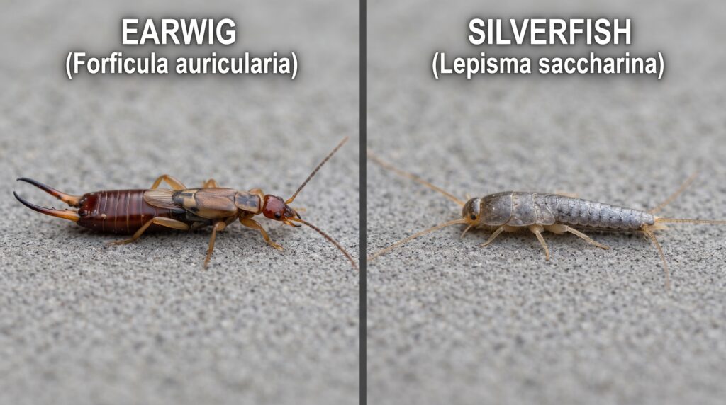 "earwig or silverfish identification comparison showing key differences"
